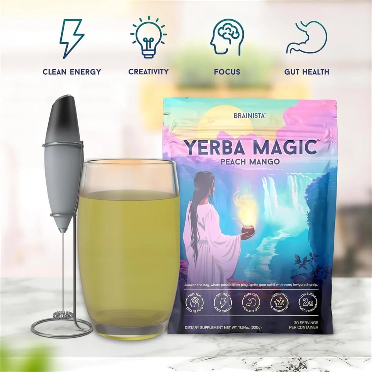 Yerba Mate Instant Tea Powder, 3-In-1 Super Drink, Yerba Magic Peach Mango 30 Servings