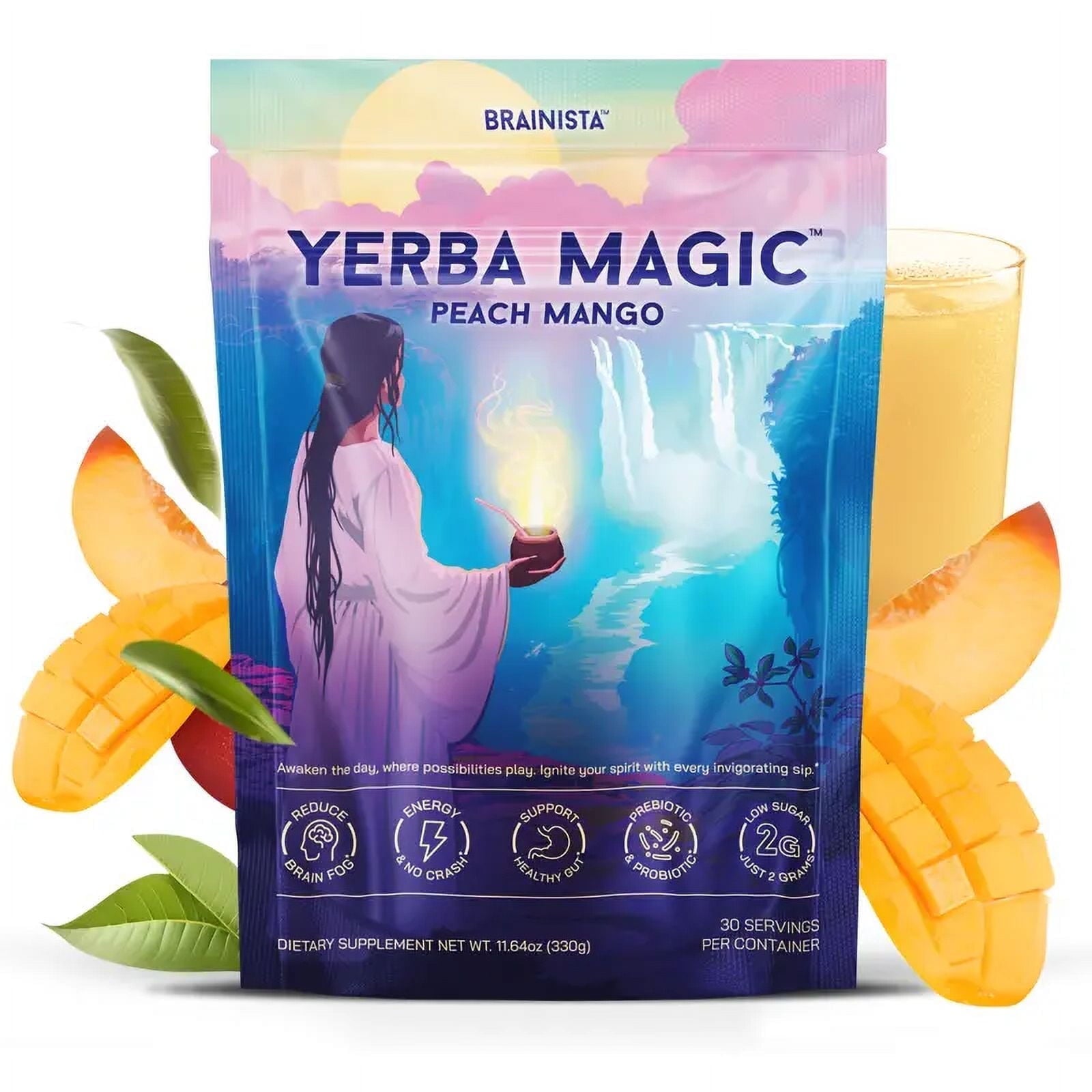 Yerba Mate Instant Tea Powder, 3-In-1 Super Drink, Yerba Magic Peach Mango 30 Servings